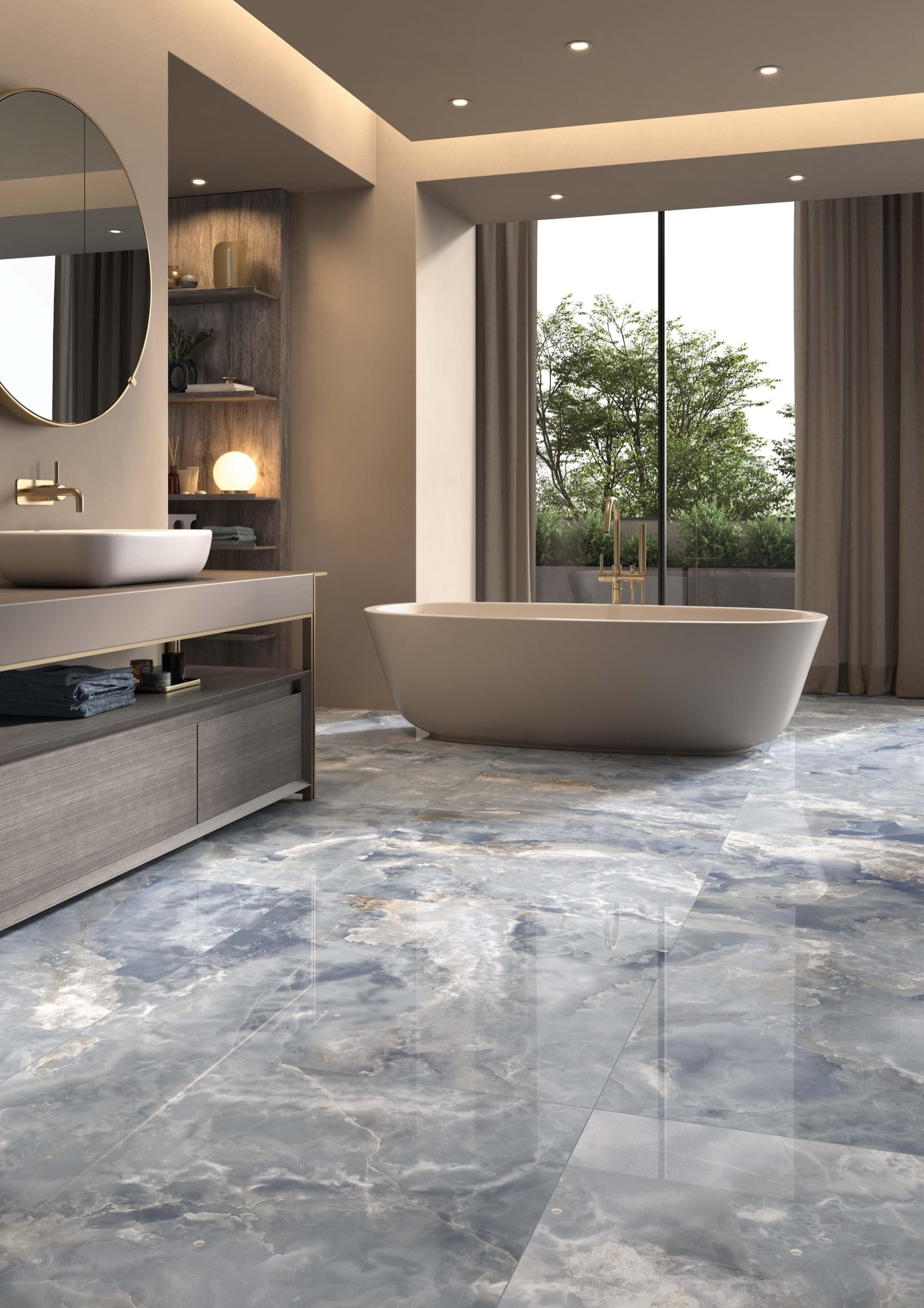 Contemporary bathroom with a freestanding tub and glossy blue-gray marble-look floor tile