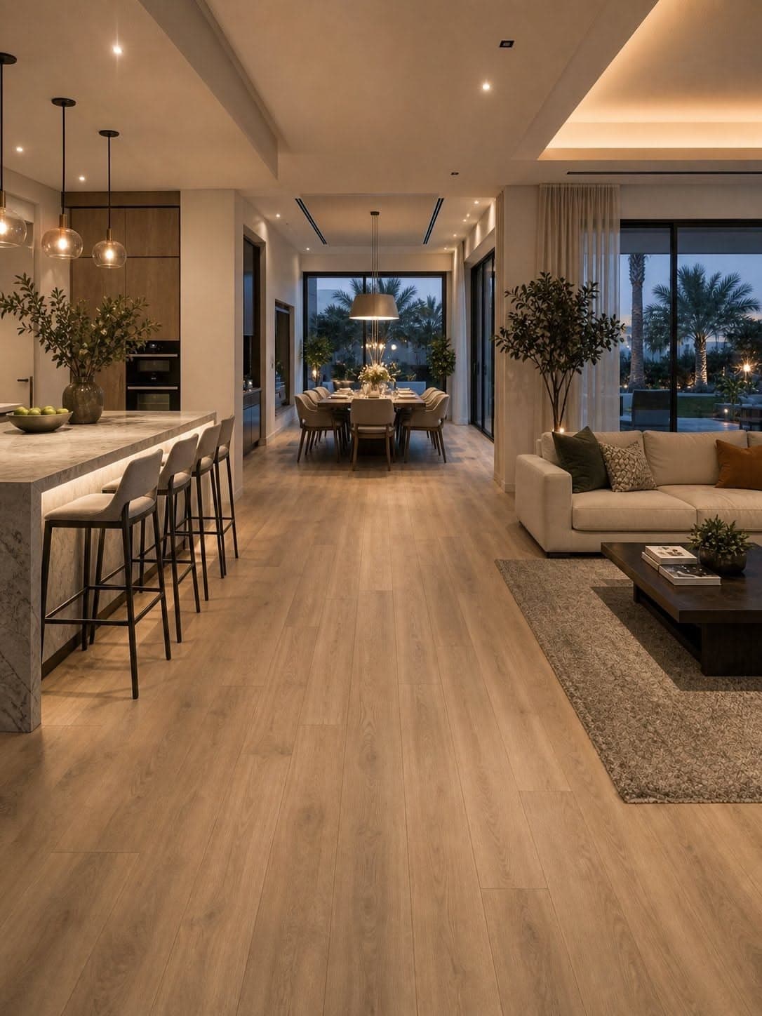 Wood-look plank flooring continuing through an open kitchen, dining and living area