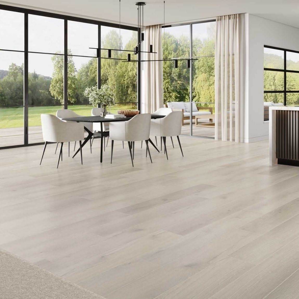 Open dining area with pale wood-look plank flooring and large windows