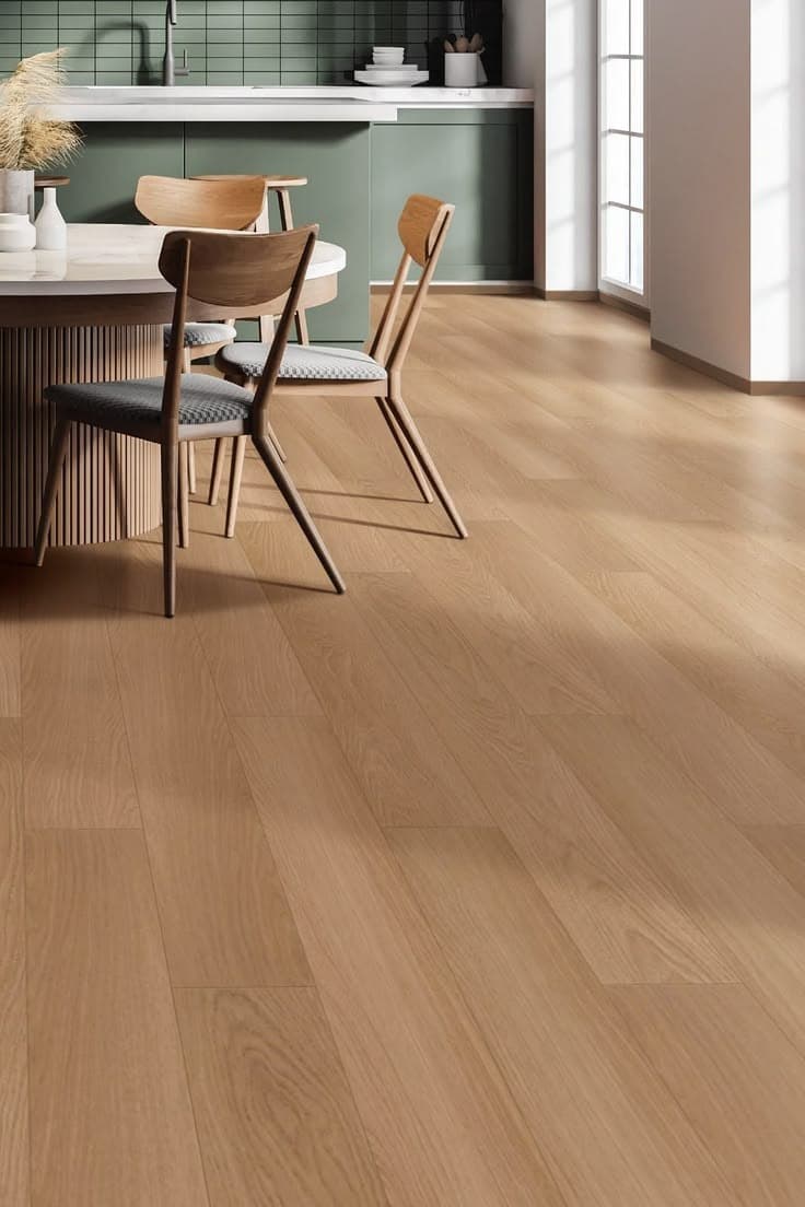 Warm wood-look plank flooring beside a dining table and green kitchen cabinetry