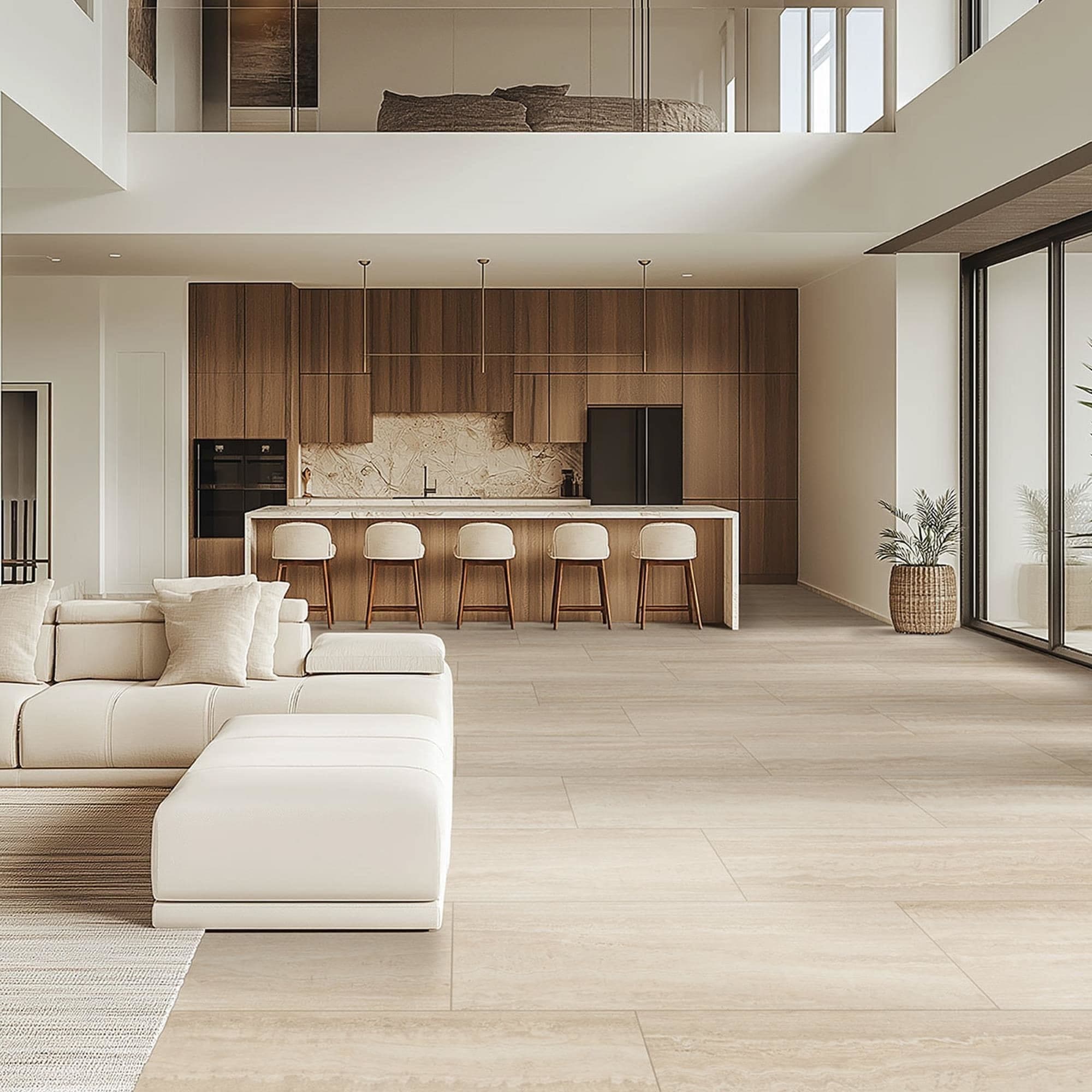 Open-plan living room and kitchen with large rectangular beige floor tile