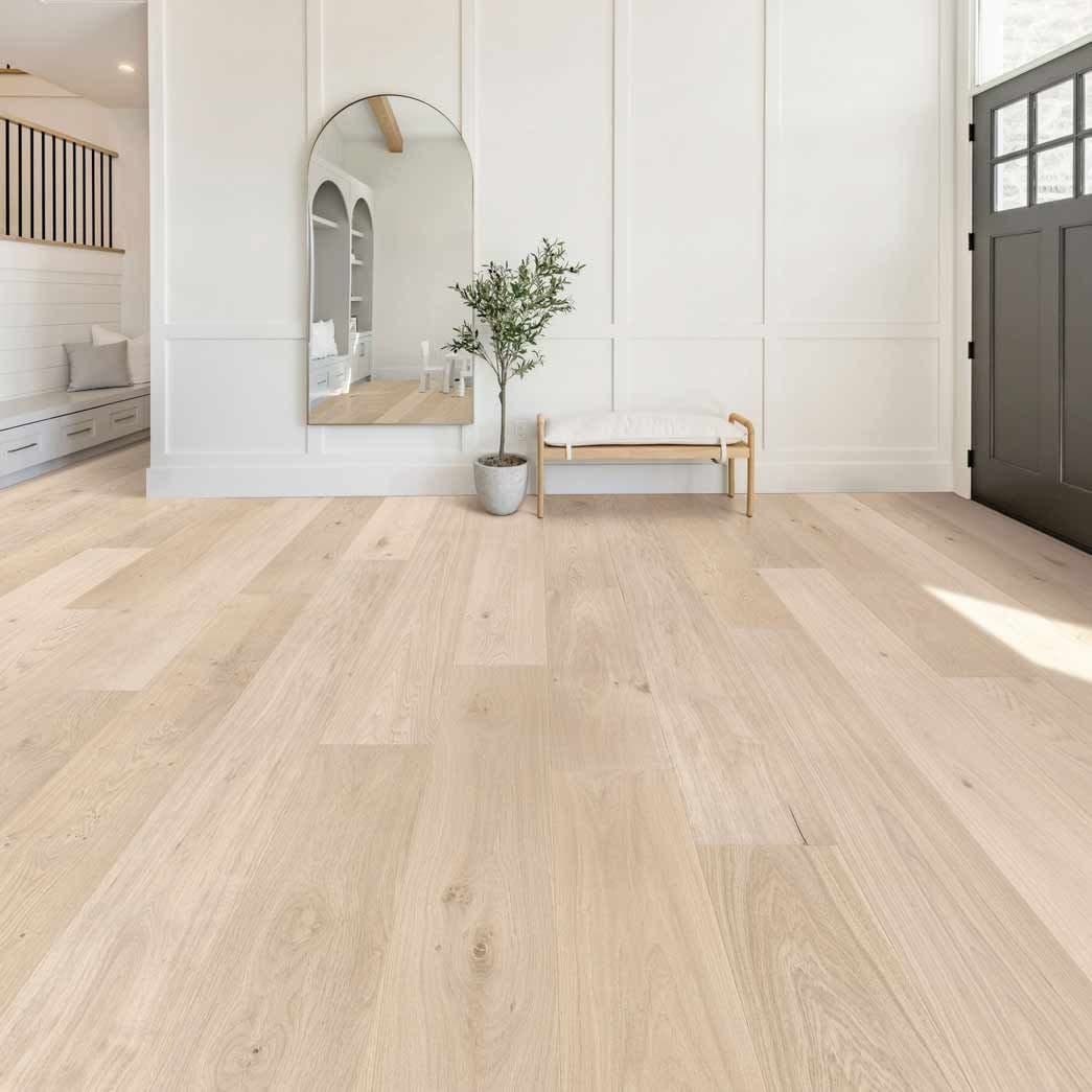 Bright entry hall with pale wood-look plank flooring extending toward adjoining rooms