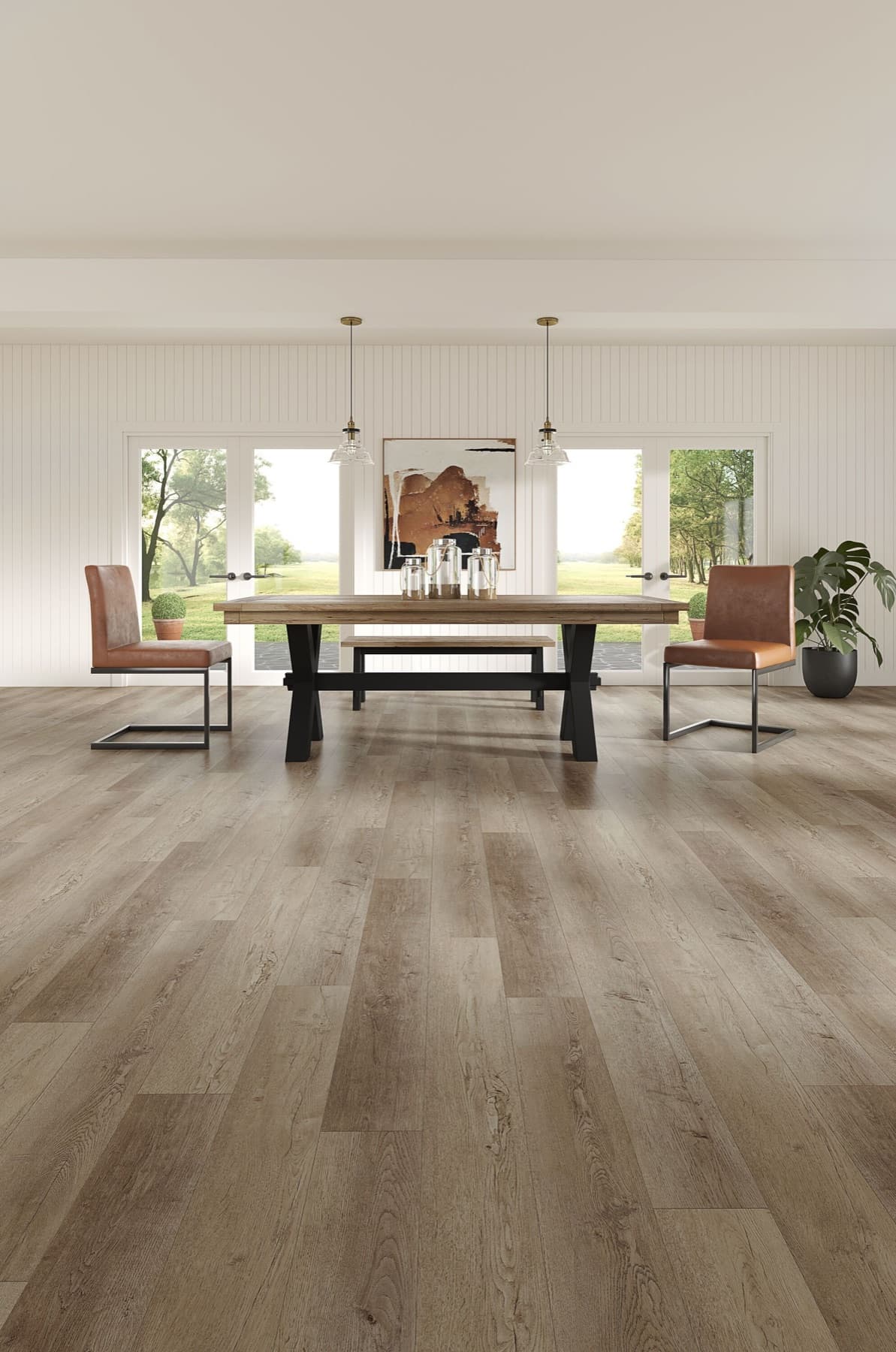 Dining room with long wood-look plank flooring directed toward glass doors