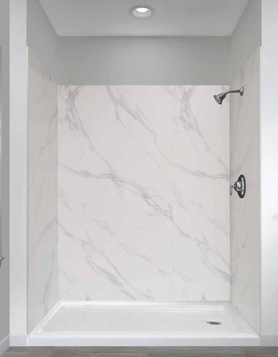 Alcove shower with marble-look tile and glass doors